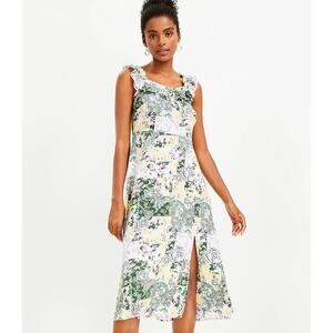 LOFT ANN TAYLOR Dress Size 2 Midi Patchwork Ruffle Square Neck Pastel Casual